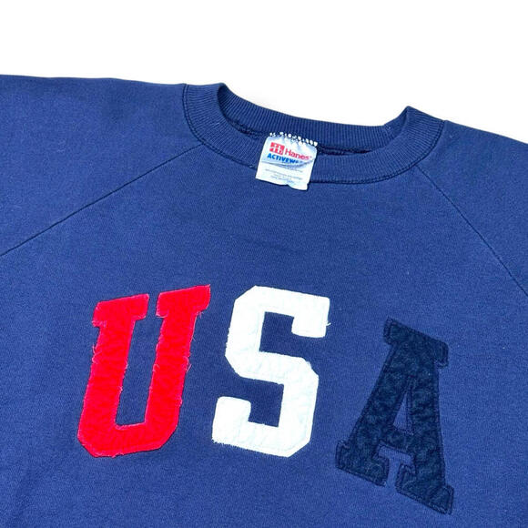 VTG Hanes USA Crewneck Sweatshirt Navy Blue Spellout Fleece Made In USA 90s Sz L - Picture 2 of 7